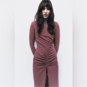 Zara Mauve Long Sleeve Ruched Midi Dress